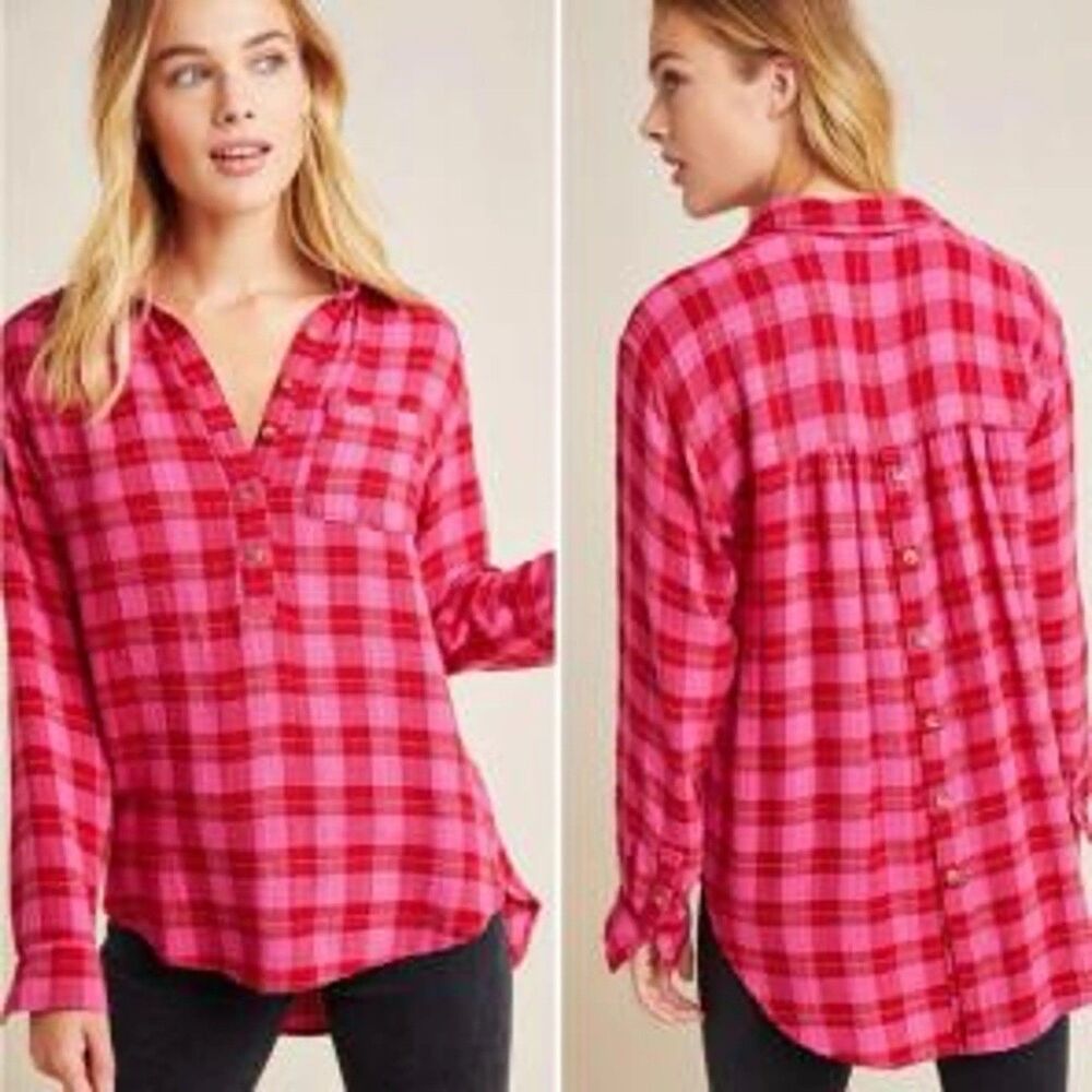 Anthropologie Isadora Pink Plaid Flannel Top, Size XS